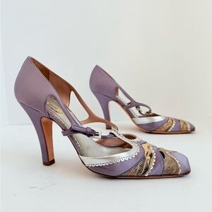 Prada Vintage Lilac Satin Snakeskin Trim Cutout Mary Jane T-Strap Heels EU38